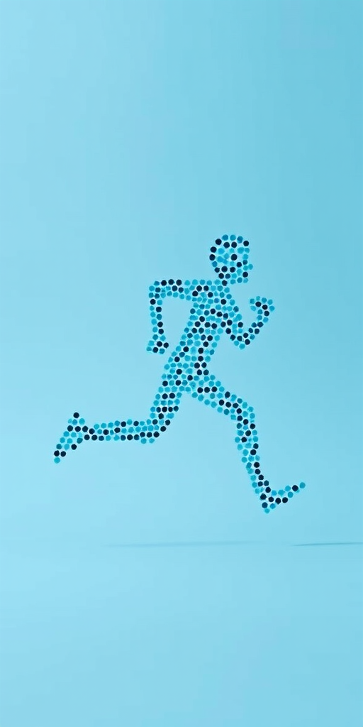 Create an abstract image of a running figure made of dots in shades of blue and black against a solid light blue background, using a DSLR camera with a 50mm lens, aperture f/2.8, shutter speed 1/125s, ISO 200, from a slightly low angle for a dynamic perspective.