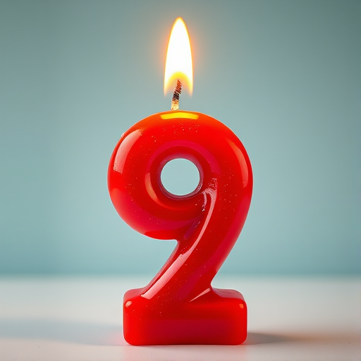 Create a high-resolution image of a large, glossy red birthday candle in the shape of the number 9, with a bright yellow flame on top, captured with a DSLR camera at f/2.8 aperture, ISO 100, and 50mm lens, in a soft-focus view to highlight the candle's texture and color.