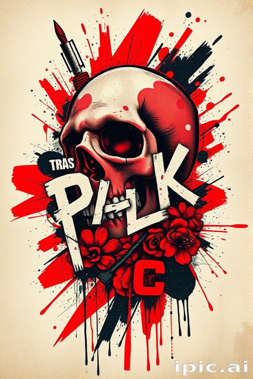 Edgy trash polka tattoo combining abstract brushstrokes, bold typography, and photorealistic elements, chaotic composition with striking red and black color palette, raw and expressive artistic style