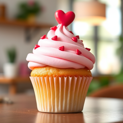 Create a cute, cartoon-style cupcake with pink frosting and red heart sprinkles on top, captured in high resolution using a DSLR camera at f/2.8 aperture, ISO 200, with a shallow depth of field to blur the background and focus on the cupcake, in a well-lit indoor setting.