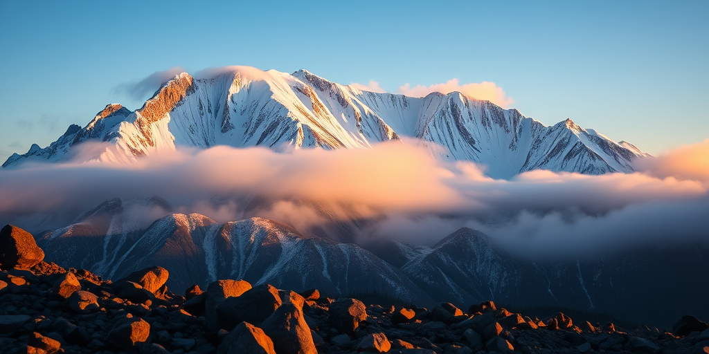 snow-covered mountain at dawn, mist rolling over peaks, rocky foreground, captured with a DSLR camera, ISO 100, aperture f/8, 15-second exposure, landscape view, golden hour lighting, high contrast, wide-angle lens