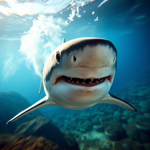Generate a highly detailed 3D image of a great white shark swimming towards the viewer, using a DSLR camera with a 50mm lens, aperture set to f/2.8, shutter speed of 1/1250 sec, ISO 200, shot in a natural underwater environment with bright lighting and a slight motion blur to emphasize speed.