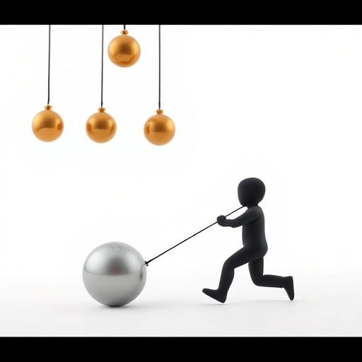 Create an image of a simple figure pulling a silver ball while five swinging golden balls are suspended above it, with a clean white background, captured using a DSLR camera with a 50mm lens at f/2.8, ISO 100, and a shallow depth of field to enhance detail and focus.