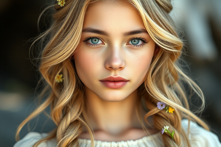 Create an image of a young Ryukyuan woman with long, wavy blonde hair, adorned with small, colorful flowers woven into her braids and loose strands. Her complexion is fair, with soft, glowing skin, and she has light blue eyes that gaze softly at the viewer. She wears a light, flowing dress with a gentle, ethereal quality, complementing her delicate and serene appearance. The background is slightly blurred, drawing focus to her tranquil expression and the intricate details of the flowers in her hair. The overall mood of the image is one of natural beauty and grace, evoking a sense of peacefulness and connection with nature.