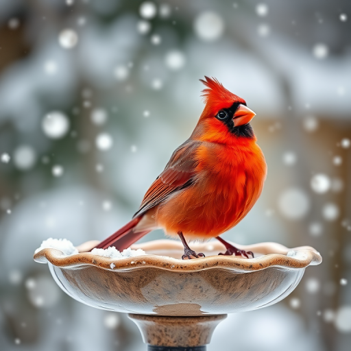 Capture a vibrant red cardinal perched on a birdbath during a snowfall, using a DSLR camera with a 200mm lens, aperture set to f/4, shutter speed at 1/500s, ISO 400, in a crisp, shallow depth of field for enhanced detail and clarity.