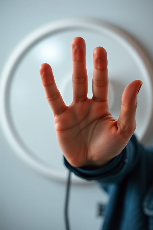 Create an image of a person reaching out with an electric plug, featuring a large circular shape in the background, using a DSLR camera with a 50mm lens, aperture f/1.8, ISO 200, and a slightly blurred backdrop for depth enhancement.