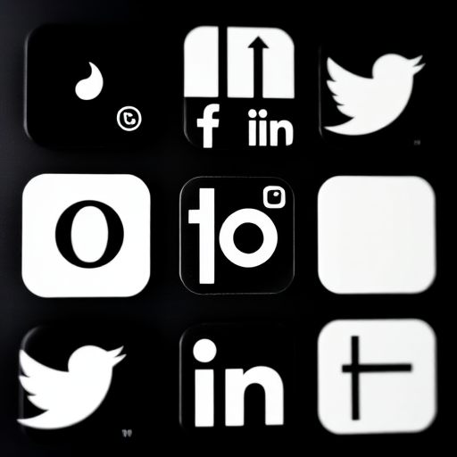 Create an image of social media icons in black and white, arranged in a grid format, with a clean, modern aesthetic; use a DSLR camera with a 50mm lens, aperture set to f/2.8, ISO 100, and a shallow depth of field to enhance clarity.