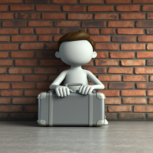 Generate an image of a 3D character sitting against a cracked brick wall, holding a transparent suitcase, taken with a DSLR camera, 50mm lens, f/2.8 aperture, ISO 100, 1/125 sec shutter speed, natural lighting, and a shallow depth of field for a soft background blur.