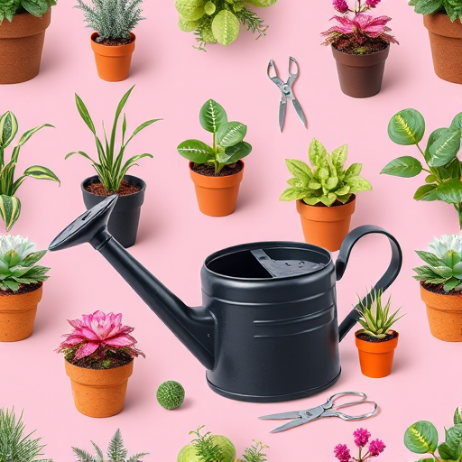 Create a seamless pattern design featuring a variety of potted plants, a black watering can with raindrops, garden scissors, and a soft pink background, using a Canon EOS R camera with a 50mm lens at f/2.8, ISO 100, and a shallow depth of field for a vibrant and clear image quality.