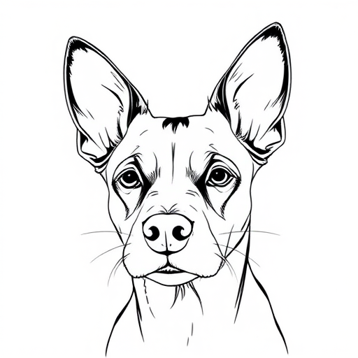 Create a high-quality minimalistic line drawing of a dog's head with a focus on expressive features and large ears, using a DSLR camera with a 50mm lens at f/2.8, shooting in natural light from a slight downward angle for enhanced clarity and detail.