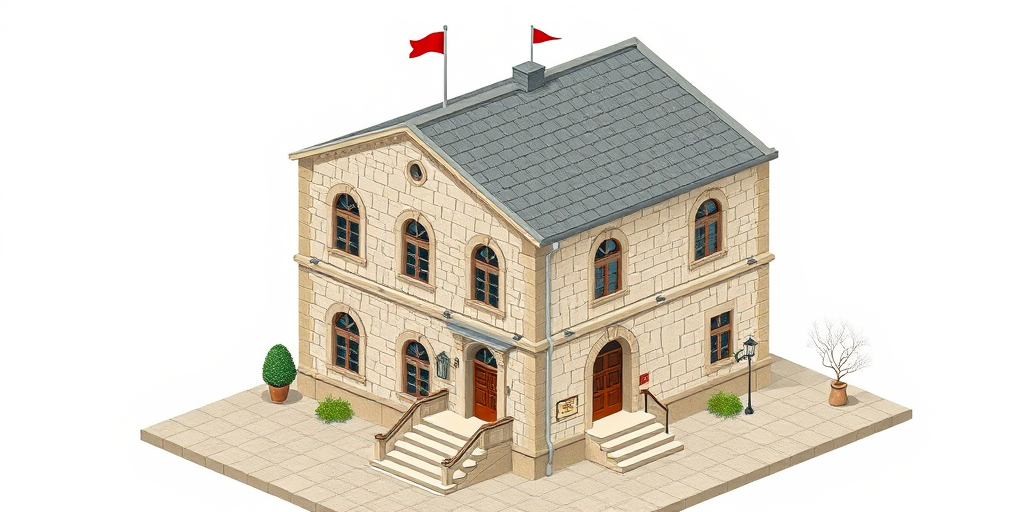 Create a high-resolution isometric illustration of a detailed stone building with two levels, featuring a sloped roof and a flag on top, with intricate window designs and a staircase leading to the entrance, captured with a Canon EOS R5, 50mm lens, f/8 aperture, ISO 100, and pleasing natural daylight to enhance clarity and depth.