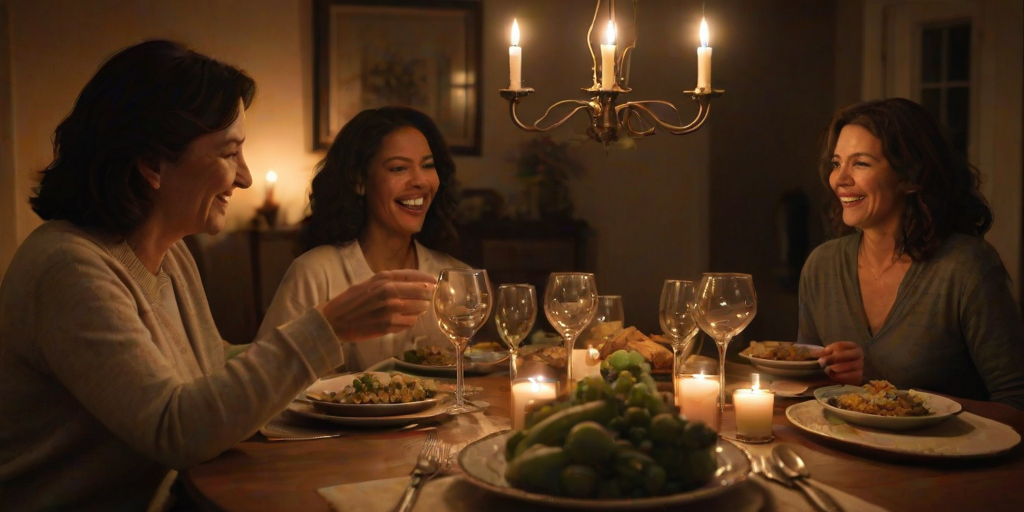 Warm, softly lit image of a family gathered around a dinner table, laughter and conversation filling the room, soft glow from candles reflecting off wine glasses, the smell of home-cooked food lingering in the air, shadows flickering on the walls from the candlelight.