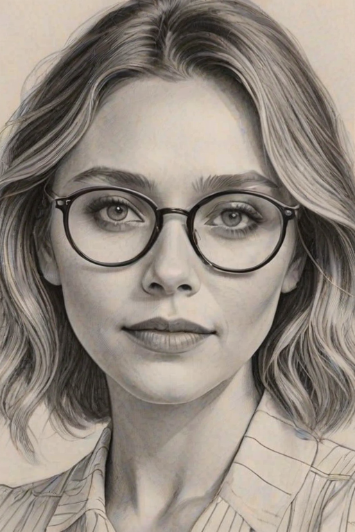 Delightful Elizabeth Olsen, pencil sketch, portrait of Splendid woman 1930s in glasses, hair style beatnik, outline, clear lines, fine lines, 8k