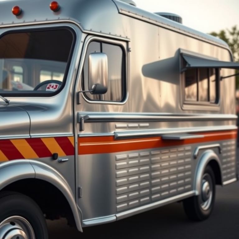 Create a high-resolution image of a retro food truck with a metallic finish and stripes, captured with a DSLR camera at f/8 aperture, ISO 100, 50mm lens, side view, natural light for enhanced details.