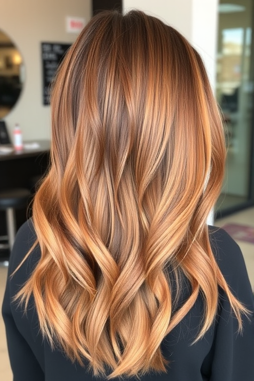 Warm caramel balayage on a long layered haircut, Honey Spice style, blending golden tones with rich brunette for a sun-kissed, dimensional effect