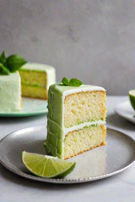 Create an image of a slice of lime cake on a silver plate. The cake should have light grey layers filled with a vibrant green lime filling. Include a few lime slices and mint leaves on the side. The setting should have a soft, subtle background to emphasize the cake.