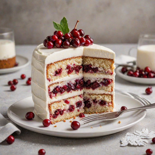 Generate an image of a slice of layered cake with white frosting and a filling of cranberries. The cake should have a smooth, elegant finish and be topped with a generous amount of sugared cranberries. Place the slice on a decorative white plate with a fork beside it. The background should be simple and inviting to emphasize the cake.