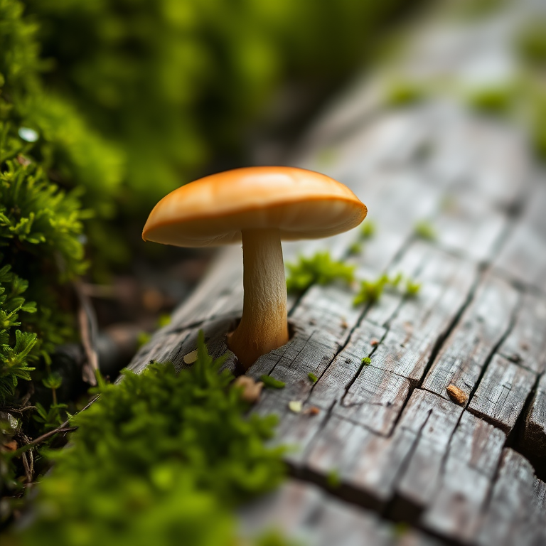 Close-up photograph of a single mushroom on a piece of wood with lush green moss in the background, using a macro lens at f/2.8, ISO 100, 1/200s, soft natural lighting, shot with a DSLR camera from a low angle to emphasize the mushroom's texture and details.