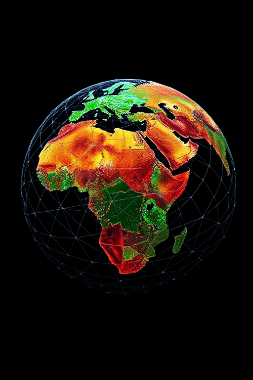 Create a highly detailed 3D rendering of a globe composed of interconnected mesh patterns, showcasing realistic topography and vibrant colors of the continents against a black background, using a Canon EOS R5 with a 24-70mm f/2.8 lens at ISO 100, aperture f/8, and a focal length of 35mm, shot from a low-angle perspective to emphasize depth and curvature.