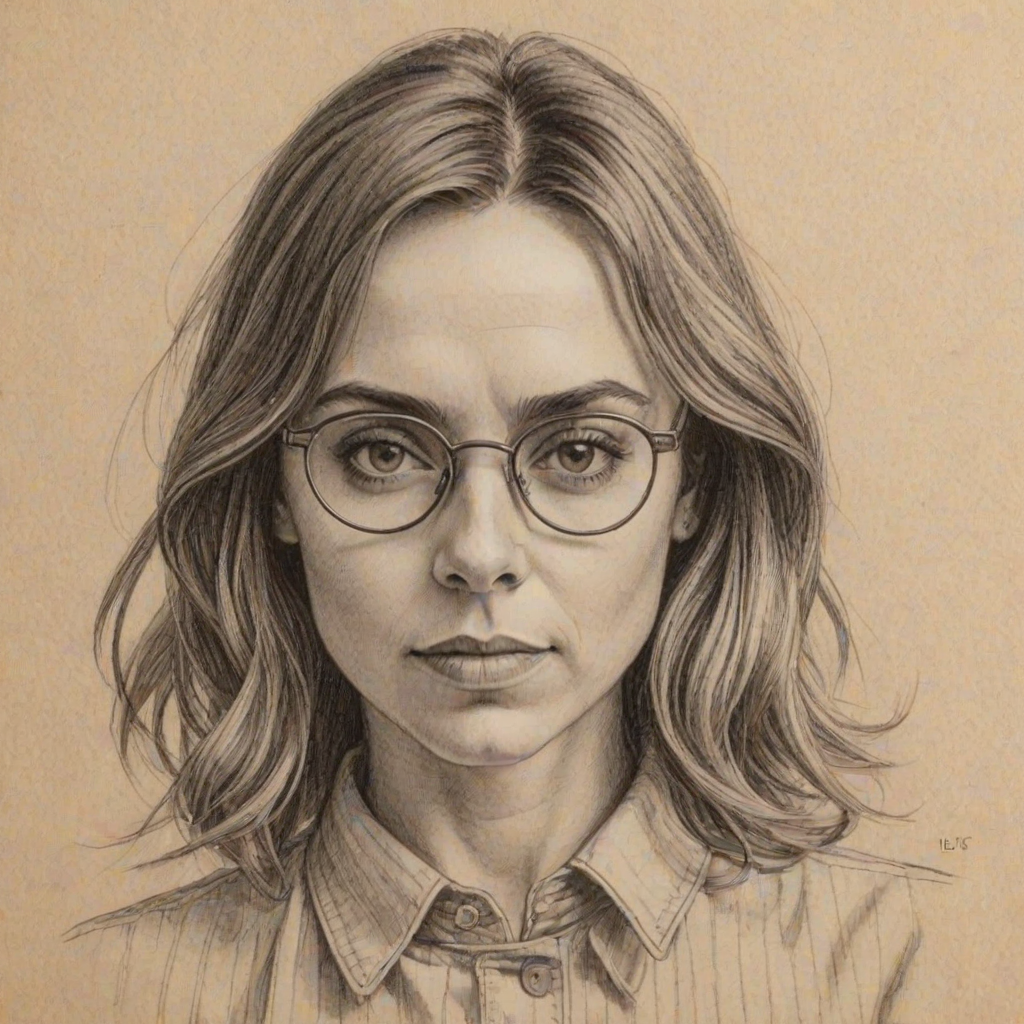 Comely Mel C, pencil sketch, portrait of Captivating woman 1921s in glasses, hair style beatnik, outline, clear lines, fine lines, 8k