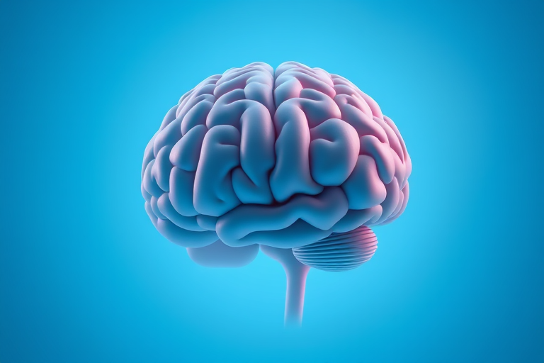 3D rendering of a human brain, centered with a blue gradient background, soft lighting, high resolution, focus mode on, using a DSLR camera, 50mm lens, f/1.8 aperture, ISO 100, 1/200s shutter speed.