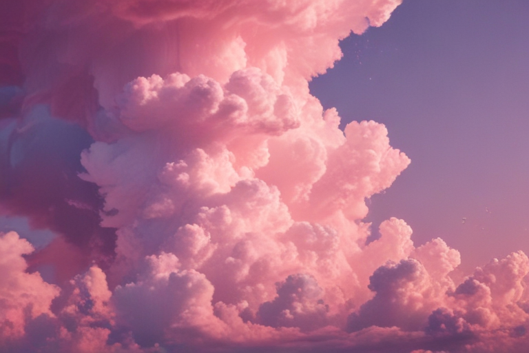 Majestic Pink Clouds Towering Against a Soft Purple Sky at Dusk