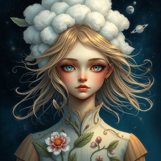 Create a series of imaginative portraits where each subject is infused with elements of fantasy and nature. The hair of the individuals should flow like clouds, varying from soft, fluffy cumulus to wispy cirrus strands, with hints of color reflecting a sunset or a clear blue sky. The eyes should be windows to entire galaxies, with stars, nebulae, and distant planets visible within them. Clothing should be adorned with nature motifs, such as floral patterns that bloom and change, vines that seem to grow and wrap around, or feathers that shimmer with iridescence. Each portrait should capture a unique personality, blending human features with the ethereal beauty of the natural and cosmic world. The backgrounds can vary, from starry night skies to enchanted forests, adding depth and context to the magical realism of the portraits