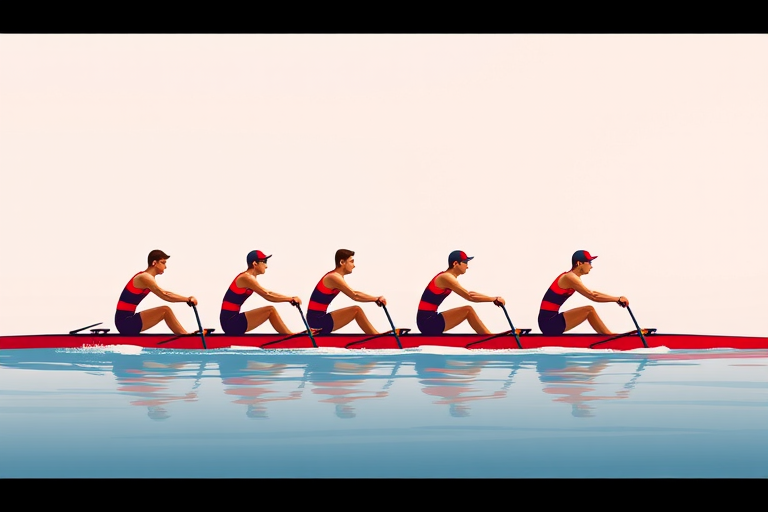 Generate an illustration of eight stylized rowers in red, viewed from a slightly elevated angle, using a digital art style, with high resolution and vibrant colors, simulating a 50mm lens effect.