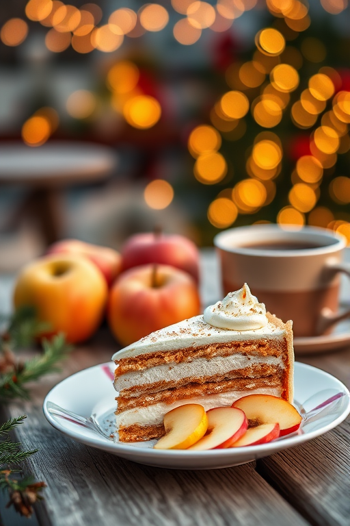 Create a high-resolution image of a beautifully presented slice of layered dessert on a plate with fresh apples and a cup of coffee in a festive outdoor setting, soft focus with warm bokeh background, using a DSLR camera, 50mm lens, f/1.8 aperture, ISO 100, and natural lighting to capture vibrant colors and textures.