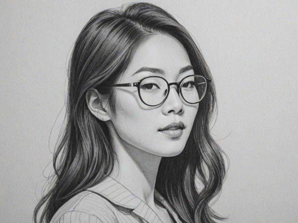Ravishing Arden Cho, pencil sketch, portrait of Graceful woman 1963s in glasses, hair style beatnik, outline, clear lines, fine lines, 8k