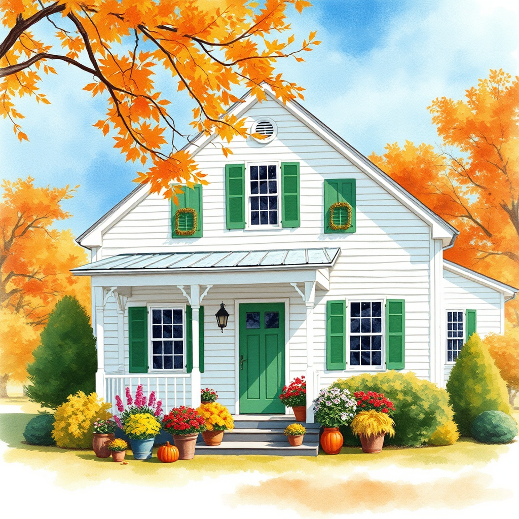 a white farmhouse with green shutters, vintage feel, blue sky, trees in autumn color, leaves slightly blowing in the breeze, colorful autumn flowers in pots on the front porch of the farmhouse, watercolor
