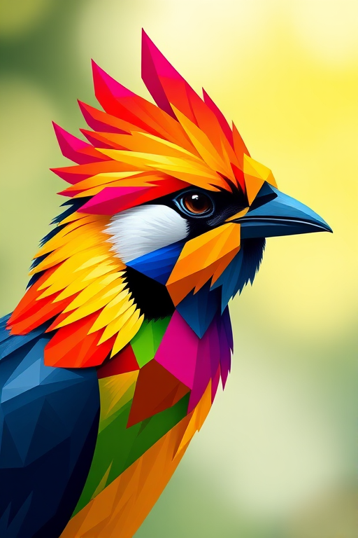 Create a vibrant and colorful geometric illustration of a bird's head in a high-contrast style with sharp angular shapes and bright colors, using a Canon EOS R5, 50mm lens, f/2.8 aperture, ISO 100, with a shallow depth of field and soft focus background.