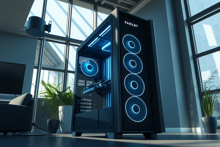 Create a highly detailed illustration of a computer tower in a modern setting, using a wide-angle lens, f/2.8 aperture, ISO 100, and soft natural lighting to enhance depth and clarity.