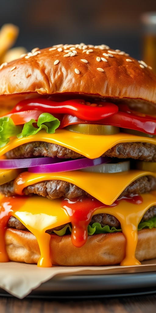 High-resolution, close-up image of a gourmet double cheeseburger. The burger features a glossy, sesame-seed-topped brioche bun. Inside, there are two thick, juicy beef patties, each topped with melted cheddar cheese. The burger is garnished with fresh lettuce, tomato slices, diced onions, and pickles. A generous amount of ketchup and a creamy, orange-colored sauce is dripping down the sides, adding to the mouth-watering appeal. In the background, there are blurred elements including a side of golden French fries and a hint of a beverage, enhancing the overall presentation of a delicious meal.