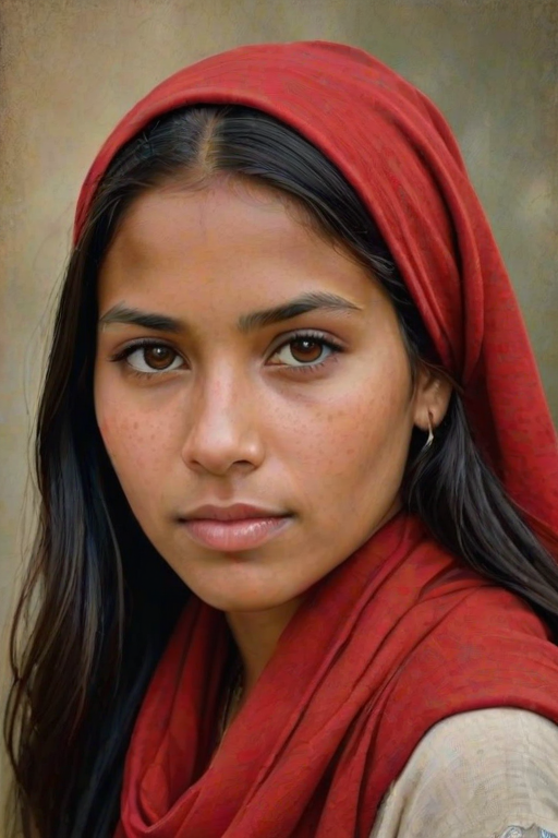Create a portrait of a young taino woman with long, dark hair and captivating hazel eyes. She is wearing a red headscarf and a matching scarf draped gracefully around her neck. The background is softly blurred, focusing attention on her serene and natural expression. The overall color palette is muted and warm, enhancing the intimate and authentic feel of the portrait.