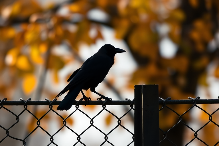 A silhouetted black crow perched on a chain-link fence with autumn leaves in the background, captured with a 50mm lens at f/2.8, ISO 200, 1/400s, shallow depth of field, soft focus background, natural light, DSLR camera.