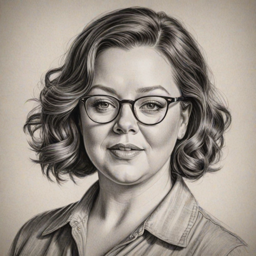 Radiant Melissa McCarthy, pencil sketch, portrait of Resplendent woman 1932s in glasses, hair style beatnik, outline, clear lines, fine lines, 8k