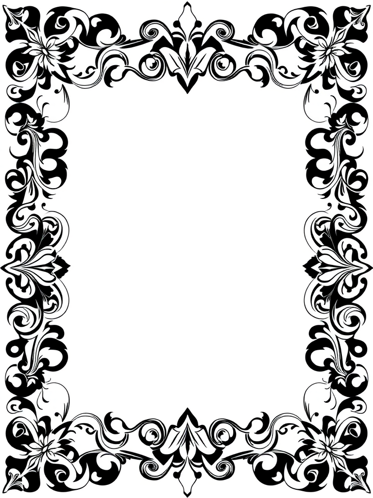 Create an intricate black and white ornate border design with floral and geometric patterns, high-resolution, shot with a Canon EOS 5D Mark IV, 35mm lens, aperture f/8, ISO 100, in portrait orientation for clarity and detail.
