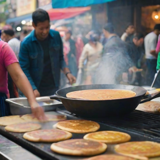 Blurry candid shot of a street vendor flipping pancakes at a bustling market, soft steam rising from the griddle, with colorful produce and distant shoppers blurred in the background.
