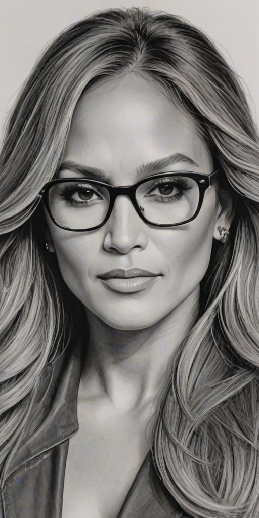 Beauteous Jennifer Lopez, pencil sketch, portrait of Radiant woman 1974s in glasses, hair style beatnik, outline, clear lines, fine lines, 8k