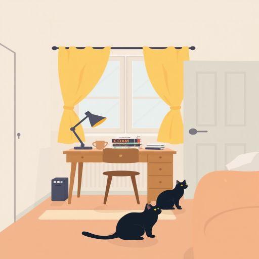 Create a minimalist illustration of a cozy room featuring a desk with a desk lamp, a stack of books, a window with yellow curtains, a door, a black cat on the floor, and a bed, using a high-resolution digital camera with a 35mm lens, aperture set to f/8, ISO 100, and soft lighting to enhance colors and contrast.