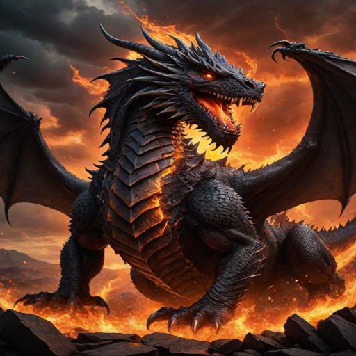 create a dramatic and powerful image of a giant dragon with scales resembling blackened metal, breathing fire amidst a fiery and stormy background, with swirling clouds and glowing embers in the air, capturing a sense of chaos and intensity