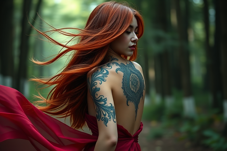 female model with flowing red hair, intricate green and black tattoo on back, wearing a flowing deep red dress, ethereal forest background, soft natural lighting, DSLR camera, 50mm lens, f/1.8 aperture, ISO 100, shot at 85mm perspective, high dynamic range, shallow depth of field