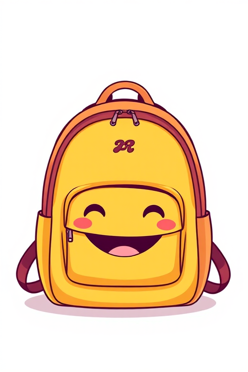 Create an illustration of a cute cartoonish backpack with a smiling face, in bright colors, set against a simple white background, captured with a DSLR camera at f/2.8, ISO 200, with a 50mm lens, using a soft natural light setup to enhance details and vibrant colors.