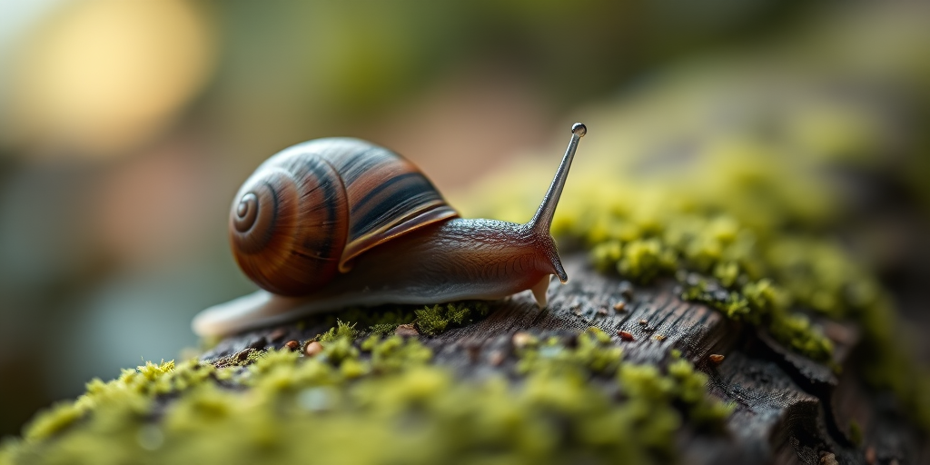 macro shot of a snail crawling on a moss-covered log with soft natural lighting, aperture f/2.8, shutter speed 1/125 sec, ISO 200, 50mm lens, DSLR camera, focus on the snail with blurred background