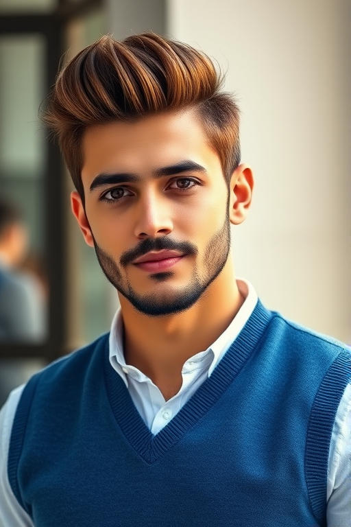 Create a 3D digital portrait of a young man with a stylish hairstyle and a well-groomed beard, wearing a blue vest over a white shirt, using a Canon EOS R5 with an 85mm f/1.2 lens, aperture set to f/2.8, natural lighting, and a soft focus background for enhanced image quality.