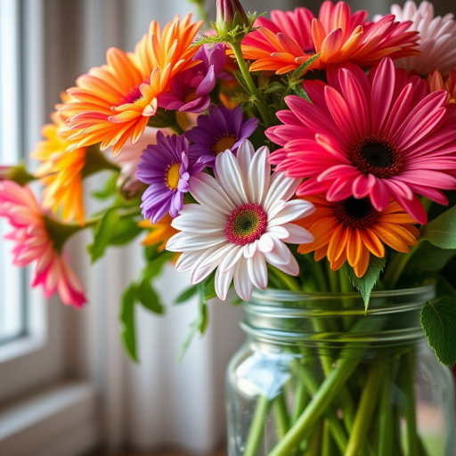 Close-up of a colorful bouquet of flowers in a mason jar, soft light streaming in from a nearby window, highlighting the vibrant petals and lush greenery.