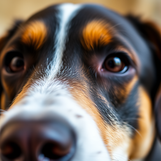 close-up shot of a dog's face with a focus on the nose and eyes, shallow depth of field, f/2.8 aperture, 50mm lens, 1/200 sec shutter speed, ISO 100, natural light, macro photography style, taken with a DSLR camera