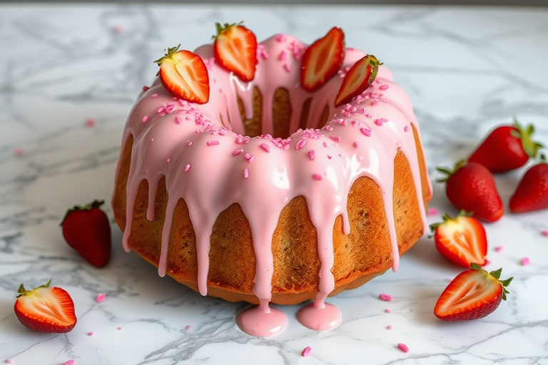 A beautifully decorated bundt cake with a pink strawberry glaze dripping down the sides adorned with dried strawberry slices and pink sprinkles on a marble surface with scattered strawberry pieces around it.