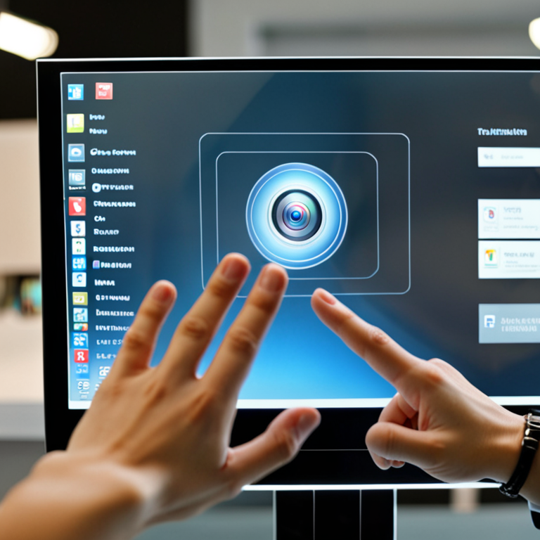 Computer Screen Handler Futuristic transparent computer screen with 1 hand operating the system ...
